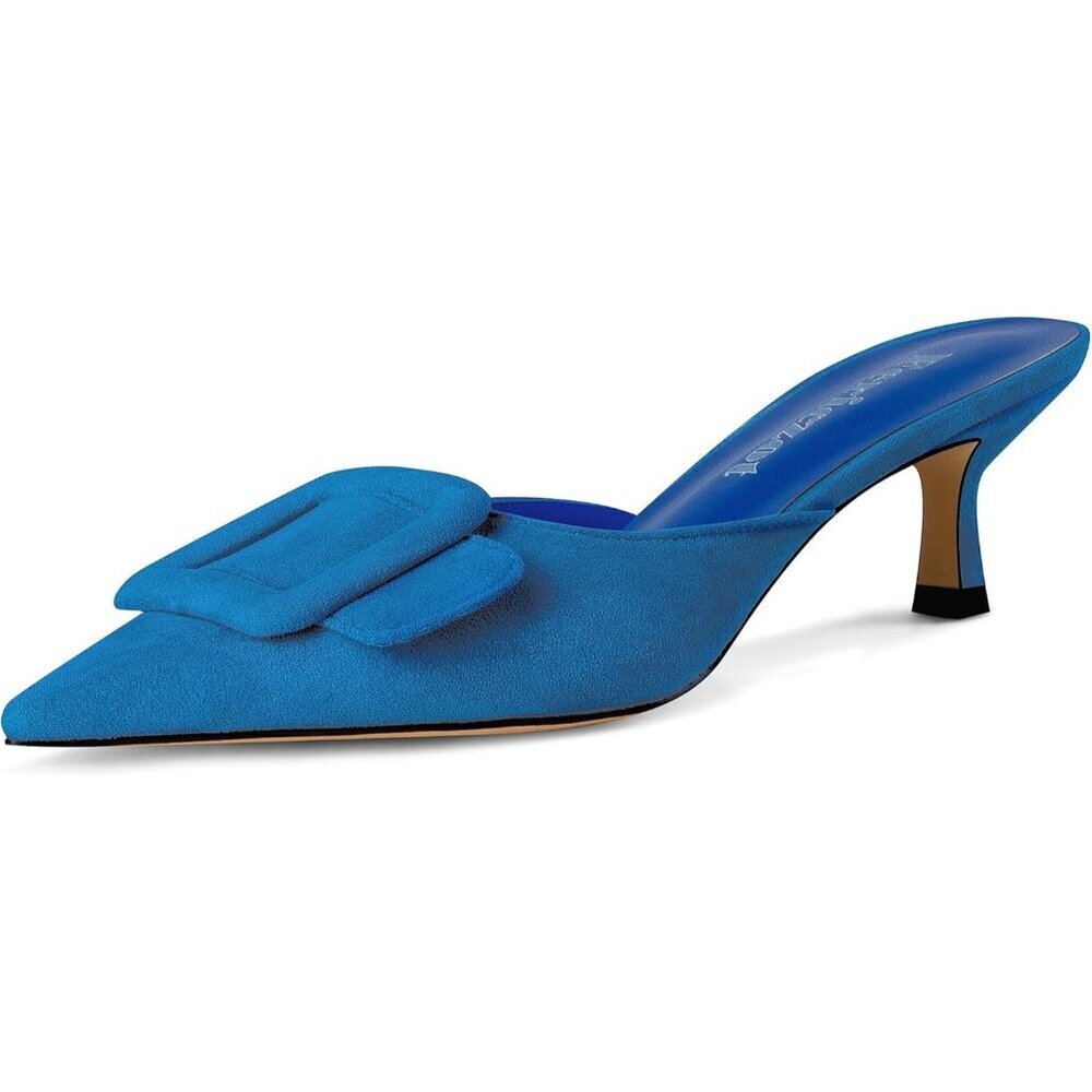 Women's Blue Mule Slingback Buckle Pumps Pointed Toe Kitten Heels Shoe